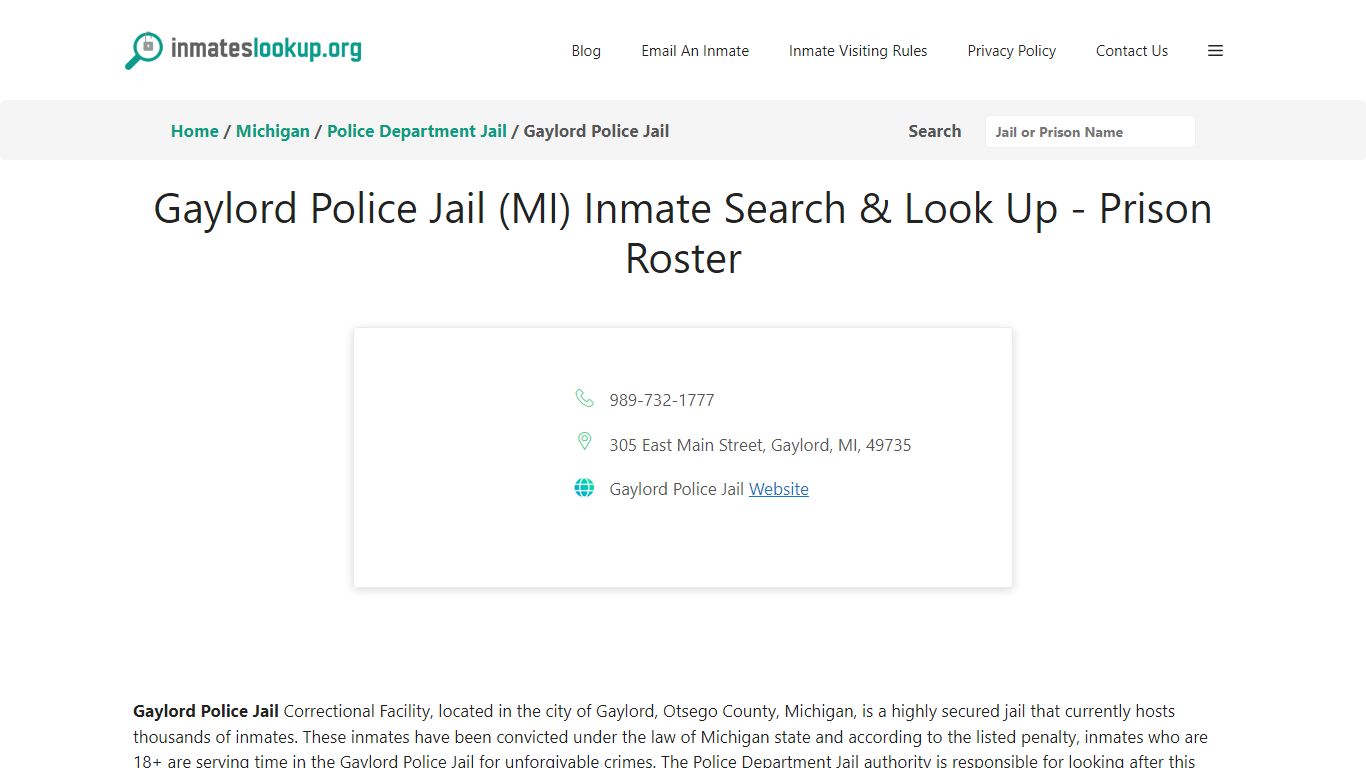 Gaylord Police Jail (MI) Inmate Search & Look Up - Prison Roster